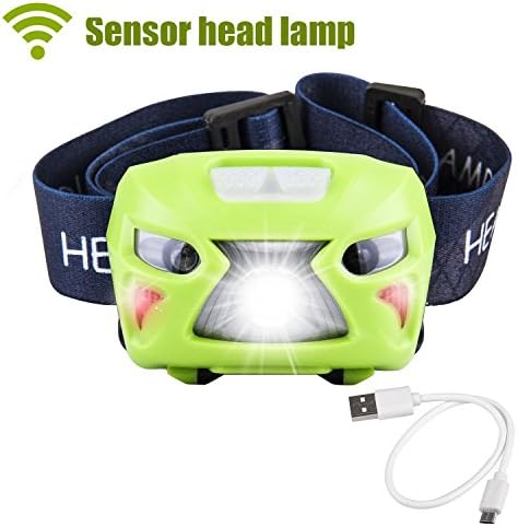 ZIUMIER LED USB Rechargeable Head Torch - 70Gram,6 Modes Headlamp,Motion Sensor,Cree Bright White+Red Light,Waterproof,Lightweight,for Running,Camping,Kids,Walking(Green)