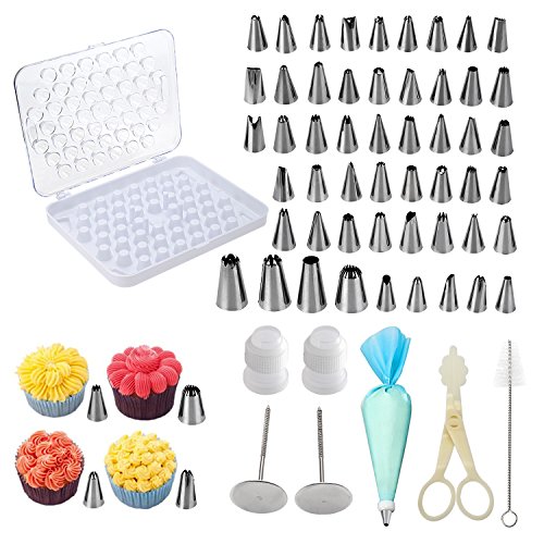 Spritzbeutel,Thsinde 56 Spritztüllen Russisch Edelstahl Spritztülle Set Torten Tüllen mit 12tlg. 12 inch Spritzbeutel 1tlg,2 -farb Adapter