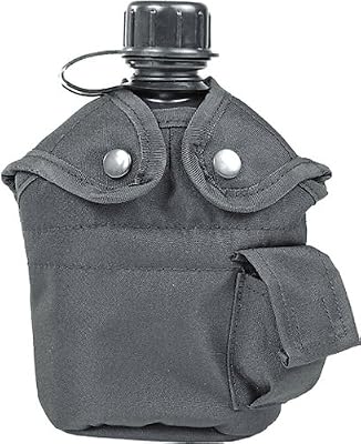 Miltec Gourde à eau militaire ALICE, noire avec couvercle, gobelet et attache pour camping et randonnées