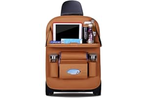 Ergocar Organiseurs pour Voiture Kick Mats cuir PU de luxe Protecteur de Siège Arrière avec porte-tablette pliable Imperméable Organisateurs de Voiture Rangement (Marron - 1 Pack)