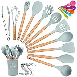Corafei 12pièces kit Ustensiles de Cuisine en Silicone et Bois, Cuillère, Spatule, Louche, Fouet, Pince à Spaghetti, Pot de Rangement,10 Crochets et 5 cuillères à mesurer
