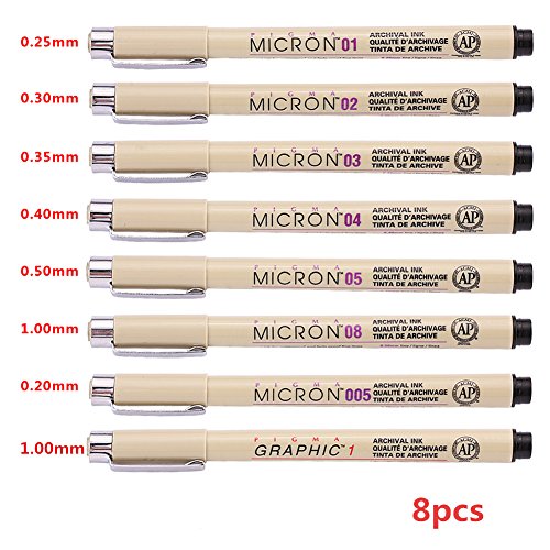 Akozon 8Pcs stylos à pointe aiguille Noir avec pointe fine et pointe Liner dessins Ink Pens Pinceaux Artist