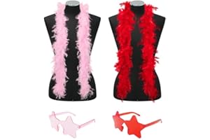 HERBYD 4 Pcs Feather Boa and Glasses, Pink+Red Feather Boa and Pink+red Star Sunglasses, 2M Feather Boa for Women for Dancing Wedding Party Cosplay Halloween and LGBTQ+Pride Parade