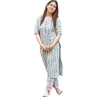 Kurtikor Women's Cotton Straight Printed Kurti with Pant for Young Girl