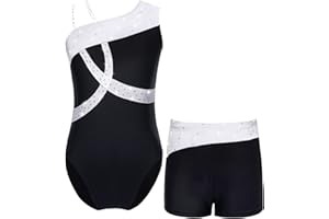 ranrann Enfant Fille Justaucorps Gymnastique Short Paillette Brillant Strass sans Manche Leotard Gym Métallique Tenue Patinage Artistique Costume Spectacle 5-16 Ans