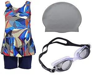Wetex Premium Girls Swimming Kit with Swimming Costume Swimming Goggles Silicone Swimming Cap Ear Plug and Nose Plug (Grey)