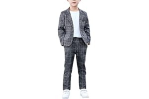 HONGBI Kinder Junge Festlichen Anzug Set Grau Plaid Kinder Blazer und Hosen Outfit 3 Stück Freizeitkleidung Kinder Sommer Taufe Hochzeit Gentleman Anzüge Kinderanzüge 2-12 Jahre Jungen Freizeitanzug