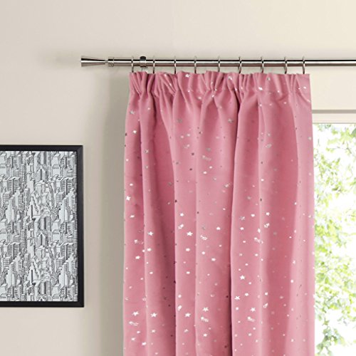 H.Versailtex Printed Blackout Pencil Pleat Pair Light Reducing Microfiber Curtains for Children, Thermal Insulated & Warm Protecting, Pink with Silver Stars, 90'' Width x 72'' Drop
