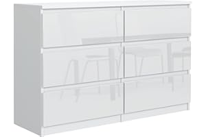 MEBLE MASZTALERZ Cassettiera 120 cm Bianco - Frontali lucidi - 6 cassetti - 120 x 78,5 x 39 cm - Cassetti Senza Maniglie - Cassettiera Camera da Letto