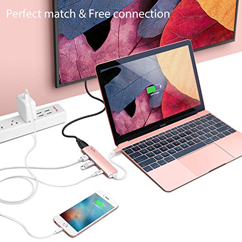 USB C Hub GN22B Multi-Ports Typ C Adapter mit 1 USB-C Ladeanchluss, 1 HDMI Port, 2 USB 3.0 Port s mit rasender Geschwindigkeit Aluminumgehäuse geeignet für Macbook 2015/2016 und Macbook Pro 2016 （Rosa Gold） - 5