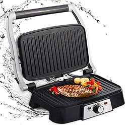 Aigostar Hitte 30HFA - Grill multifonction, plancha, presse à paninis, appareil à sandwichs. 1500W, plaques anti-adhésives, ouverture à 180º, intensité réglable, monture froide. Couleur argent.