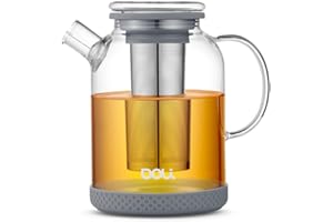 Doli 1,5L Teekanne Glas mit Siebeinsatz Grey - Langes Edelstahl Sieb für pures Aroma - für heiße & kalte Getränke - Spülmaschinenfest - BPA-frei
