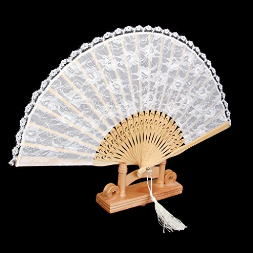 MagiDeal Retro Spitzen Faltfächer Fächer Handfächer Weiß+Chinesische Seide Schutzbeutel Tasche Rosa - 8