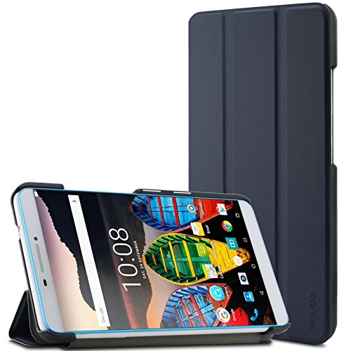 Lenovo Tab 3 7.0 Plus Hülle, Infiland Ultra Dünn Tri-Fold Muschel hochwertiges PU Leder Ultra Schlank Superleicht Ständer Shell Cover Schutzhülle Etui Tasche für Lenovo Tab 3 7.0 Plus(Dunkleblau)