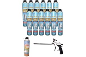 Dstock60 - Ensemble de 12 mousses expansives 750 Ml - 1 Pistolet - 1 Nettoyant mousse - Mousse polyuréthane professionnelle - Isole, colle et rebouche - Mousse pistolable - Extérieur et intérieur -