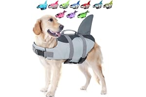 EMUST Gilet de Sauvetage Shark pour Chien, Gilet de Sauvetage Ajustable pour Chien pour la sécurité Aquatique, Gilet de Sauvetage pour Animaux de Compagnie avec poignée de Sauvetage(L,Gris)