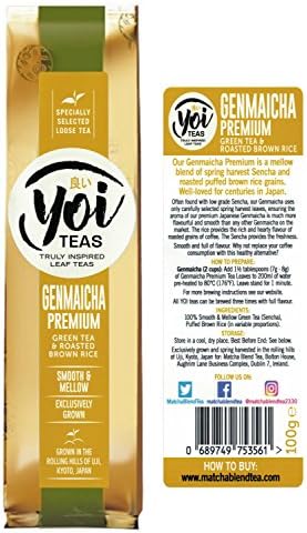Genmaicha Premium. A mellow blend of spring harvest Sencha and roasted puffed brown rice grains. 100g.