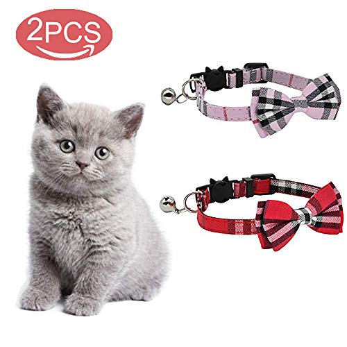 kingkindshun 2 Pack/Set Escote de Gato con una Linda Corbata de Lazo y una Campana para Gatito y Algunos Cachorros, Ajustable de 6,8 a 10,8 Pulgadas (Rojo + Rosa)