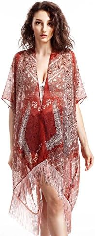 Avoir Aime Long Baroque Printed Lightweight Kimono with Fringe - Terra Cotta