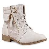 italienische schuhe marken  Stiefelparadies Damen Stiefeletten Schnürstiefeletten Leder-Optik Schuhe Spitzenstoff Boots Zipper Schnürboots 130897 Creme Spitze 36 Flandell