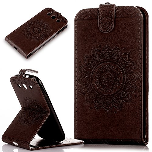Galaxy S3 Hülle,Galaxy S3 Neo Hülle,Leder Hülle für Galaxy S3 / S3 Neo,ikasus® Prägung Floral Spitze Blumen Mandala Muster PU Lederhülle Flip Hülle im Bookstyle Cover Schale Slim Fit Soft Silikon Magnetverschluss Schutzhülle PU Leder Hülle Flip Wallet Case Kunstleder Tasche Cover mit Standfunktion und Kartenfächer Tasche Wallet Case für Samsung Galaxy S3 i9300 / Galaxy S3 Neo i9301 - Braun
