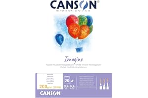 ‎CANSON CANSON Imagine, Mixed Media Papier, leichte Körnung, 200 g/m², an der kurzen Seite geleimter Block, DIN A1, 59,4 x 84,1 cm, Naturweiß, 25 Blatt