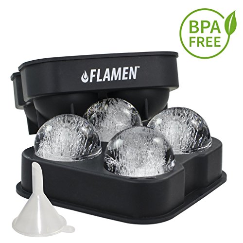 PREMIUM XXL FLAMEN Eiskugelform Bereiter, LEBENSMITTEL QUALITÄT mit TRICHTER, Eiswürfelform u. Eiswürfelbereiter aus BPA freiem Silikon, Eiswürfelbehälter u. Portionierer für perfekte Bar ICE BALLS