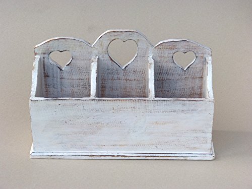 Dekorative Besteckablage Besteckkasten oder Organizer mit 3 Fächern Shabby Chic Vintage Landhaus Holz – Weiß - 2