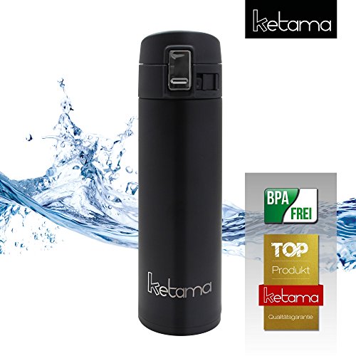 SCHWARZE MINI THERMOSFLASCHE mit SCHNAPPVERSCHLUSS | doppelwandig 0,5 Liter (500ml) - EDELSTAHL schwarz, klein, handliche THERMOS-KANNE | THERMO-BECHER | TRINK-FLASCHE auch f BABYs & KINDER | BPA frei