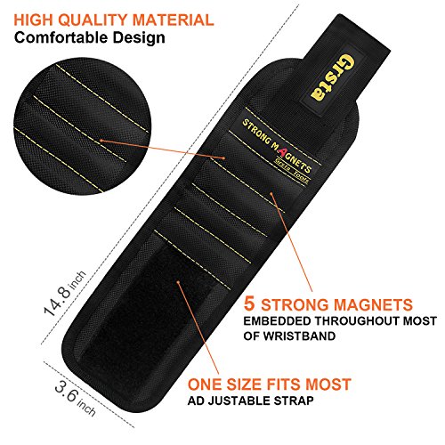 Grsta Beste Magnetische Armbänder, mit 5 leistungsstarken Magneten Magnet Armbänder für Holding Werkzeuge, Schrauben, Nägel, Schrauben, Dübel, Bohrungen und kleine Werkzeuge, Nägel und Schrauben Tasche -Best Werkzeug Geschenk für DIY Handwerker, Vater, Ehemann, Freund, Männer, Frauen（Schwarz） - 2