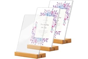 BASONG A4 Display Stand with Wood Base, 3 Pack A4 Wood Sign Holder Vertical or Slant Back Display Stand, A4 Acrylic Sign Holder for Shop, Office, Hotel, School, Picture, Documents