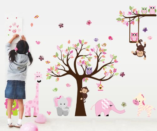 Nette Zoo Animal Wandaufkleber mit Affe Spielen auf Baum-Zweig mit Zebra, Löwe, Elefant Giraffe und Owl Nursery Wandtattoo - 2