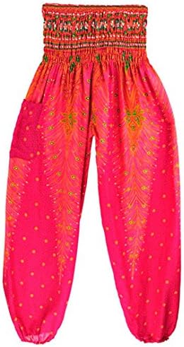 Clemunn Yoga Pants Unisex Thai Harem Trousers Boho Festival Hippy Smock Loose High Waist Cotton Yoga Pants For Women Men (Hot Pink, Free Size)