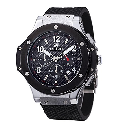 Megir Herren Casual Armbanduhr Silikon Analog Quarz Kalender Chronograph 3ATM wasserdicht schwarz silber 3002G Megir Herren Casual Armbanduhr Silikon Analog Quarz Kalender Chronograph 3ATM wasserdicht schwarz silber 3002G