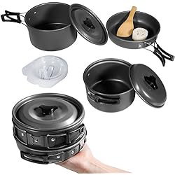 Diealles Kit de Cuisine en Camping, Ustensiles de Cuisine de Camping pour Camping, Pique-Nique,BBQ, Randonnée, Pédestre,Anti-Adhésifs pour 2-3 Personnes