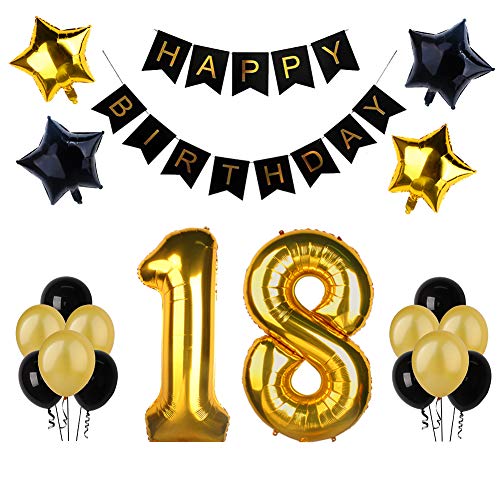 BSL 18 ° Kit decorazioni per la festa di compleanno, striscione Happy Birthday, 18 ° numero di palloncini in oro, palloncini in lamina di lattice e stella, Perfetto per feste di 18 anni