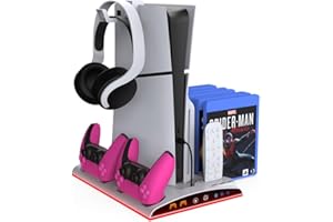 Redlution PS5 Multi Functional Storage Base Powerful Fan For Cooling Integrated Charging Station For Controllers Storing Headphones And 12 Discs RGB Color Light Design For PS5 /PS5 SLIM (White)