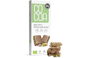 CO COA Biała Czekolada z Pistacjami i Solą BIO 40 g – 65% mniej cukru, niskowęglowodanowa przekąska z prebiotykiem inuliną, czekolada z niską zawartością cukru kokosowego, idealna dla diety low-carb