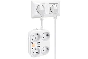 Elecoutek Enchufe USB Multiple 8 en 1 Ladron Enchufe con 4 Tomas, 2 Puertos USB y USB C, Regleta Enchufe Pared con Interruptor, Cable Corto y Luz Nocturna de Inducción para Hogar Oficina y Viajes