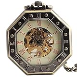 Joielavie Taschenuhr, achteckig, Form von acht Trigrammen, geometrisch, Skelett, römische Zahlen, Blume, Gravur, ohne Deckel, mechanisch, Kette, Taschenuhr, Legierung, klassisches Geschenk für Herren und Damen
