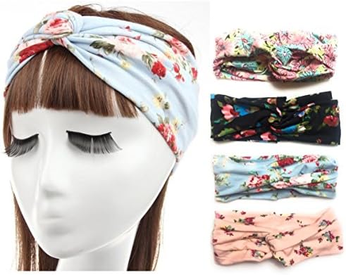 YUSRAS Floral Vintage Style Elasticated Headbands 4 Pack (Pink Daisy, Blue Sky, Pink Rose, Black Floral) in a beautiful free embroidered bag
