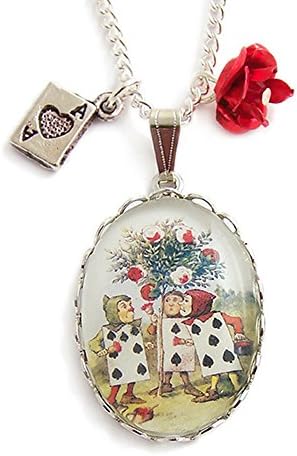 Women Silver Plated Oval Glass Alice in Wonderland Painting the Roses Red Illustration Charm Necklace Pendant