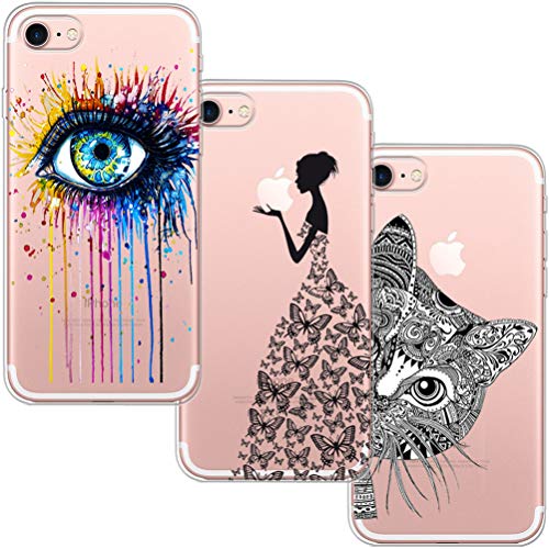 [3 Pack] Funda Para iPhone 7, Funda iPhone 8, Funda de Silicona Suave Blossom01 Ultra Suave Funda de Silicona Para TPU con Dibujo Animado Lindo Para iPhone 7 / 8 de Apple - Eye & Butterfly Girl & Cat