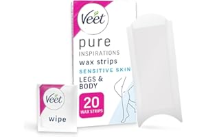 Veet Pure Cold Wax Strips For Legs & Body, Sensitive Skin, 20 Count + 2 Finish Wipes, Hypoallergenic Hair Removal, 28 Days Smoothness, Removes From Root (Packaging Varies)