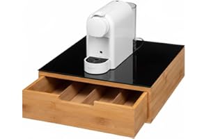FLOBALIT Porta Capsule Portacialde in Bambù con Cassetto e Ripiano in Vetro – Organizer per Cialde, Capsule e Tisane – PortaCapsule Caffè, Bustine The e Zucchero Bamboo (MODELLO B)