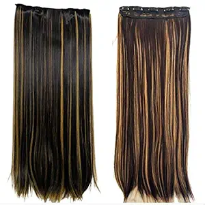 naira straight brown with golden highlights 1 pcs hair extension wigs for women and girls with 5 clips