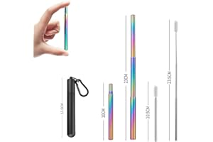 APIKA Pailles télescopiques réutilisables - Pailles à Boire Portables en Acier Inoxydable avec Brosse de Nettoyage, étui et Mousqueton(Noir+Paille Arc-en-Ciel)