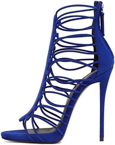 Emiki Women’s Shoes Open Toe Stilettos Gladiator Strappy Design Thin Heels Sandals Back Zip Ankle Boots Customized-Blue-UK12