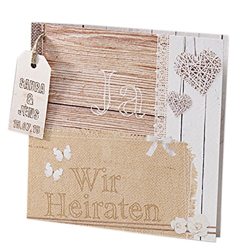 Hochzeitseinladung „Molly“ – 3 Stück – Einladungskarte zur Hochzeit in natürlicher Holz- und Leinen-Optik – inklusive Briefumschlag - 2