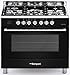 Produktbild Bompani BO 687 MA/N Black Gas Elektro Standherd 90cm/ Range Cooker in Diva-line Design/ Gasherd/ Volumen 114L / Herd mit Gas Kochfeld/ 5 Brenner und zentraler 3,8 Kw WOK-Brenner/ Elektro Backofen mit 7 Funktionen/ Erdgas/ Flüssiggas/ Made in Italy/
